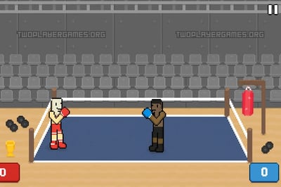 Two boxers are in a ring, one is wearing a red shirt and the other is wearing a blue shirt.